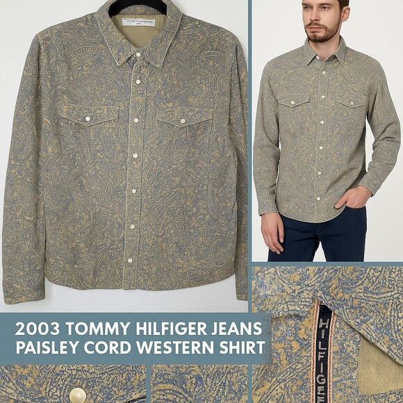 Vintage 2003 Tommy Hilfiger Jeans Paisley Corduroy Western Snap Shirt Men’s XL - Picture 1 of 11